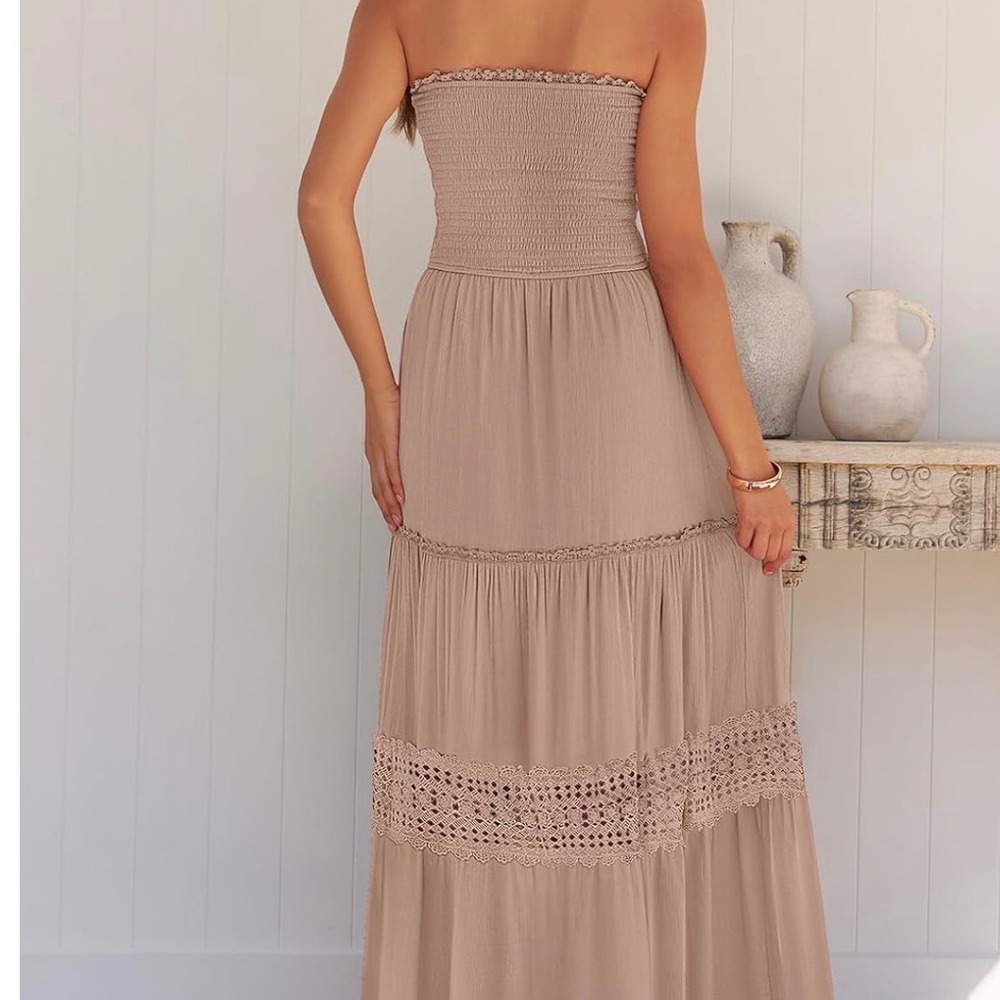 ZESICA Sz Small Dusty Rose Boho Summer Strapless Lace Beachy Flowy Maxi Sundress - Picture 8 of 11